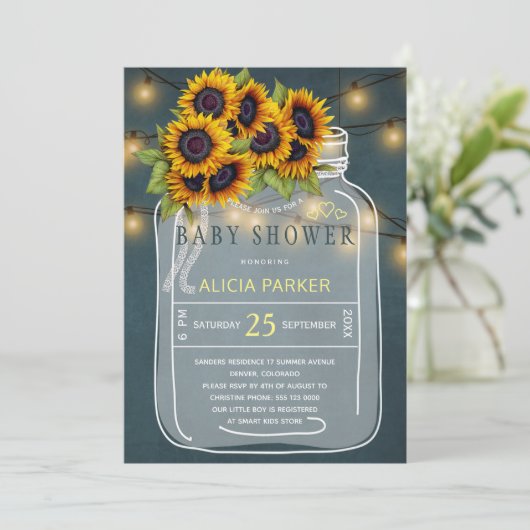 明るい黄色のヒマワリのメイスンの瓶の赤ちゃんシャワー 招待状 (スタンド正面)