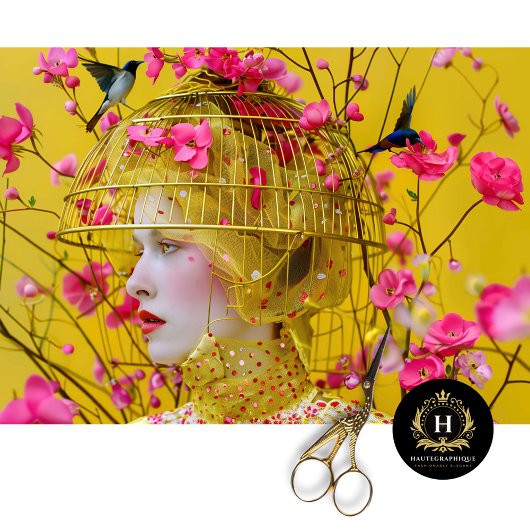 明るい黄色のピンクのフローラバードケージハットデコップ 薄葉紙