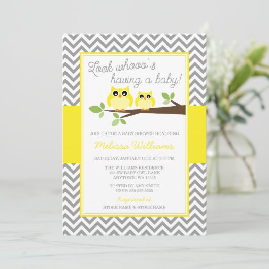 明るい黄色のフクロウ灰色の山型のベビーシャワー 招待状