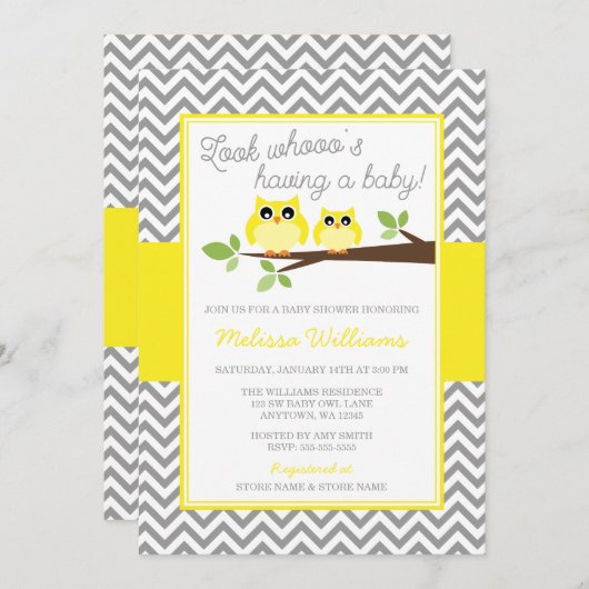 明るい黄色のフクロウ灰色の山型のベビーシャワー 招待状 (正面/裏面)