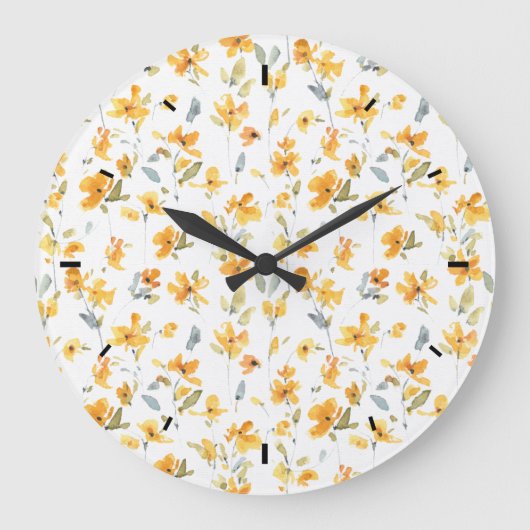 明るい黄色のフローラ水色 ラージ壁時計 (正面)