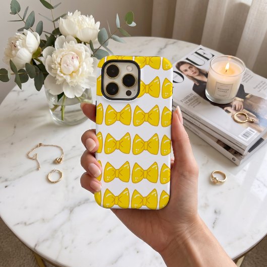 明るい黄色のリボン型スマホケース - かわいい女性らしいデザイン iPhoneケース