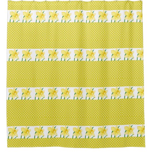 明るい黄色の水玉模様と水仙の花 シャワーカーテン (正面)