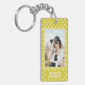 明るい黄色の水玉模様カスタムの写真と名前 キーホルダー (正面左)