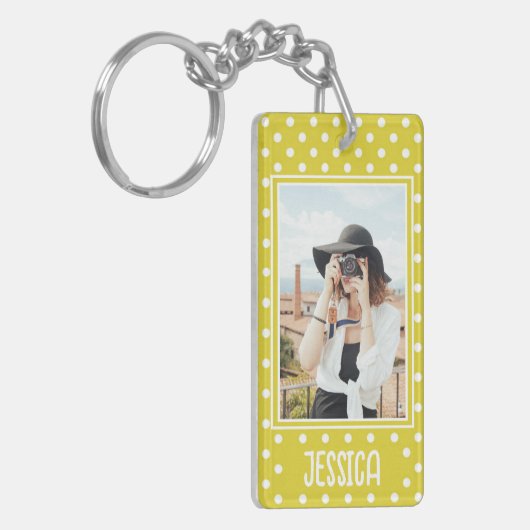 明るい黄色の水玉模様カスタムの写真と名前 キーホルダー (正面左)