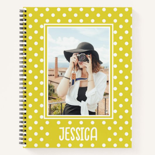 明るい黄色の水玉模様カスタムの写真と名前 ノートブック (正面)