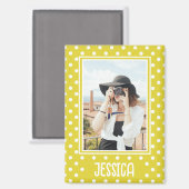 明るい黄色の水玉模様カスタムの写真と名前 マグネット (正面/裏面)