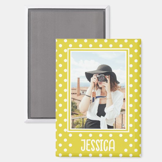 明るい黄色の水玉模様カスタムの写真と名前 マグネット (正面/裏面)