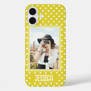 明るい黄色の水玉模様カスタムの写真と名前 iPhone 16 PLUSケース