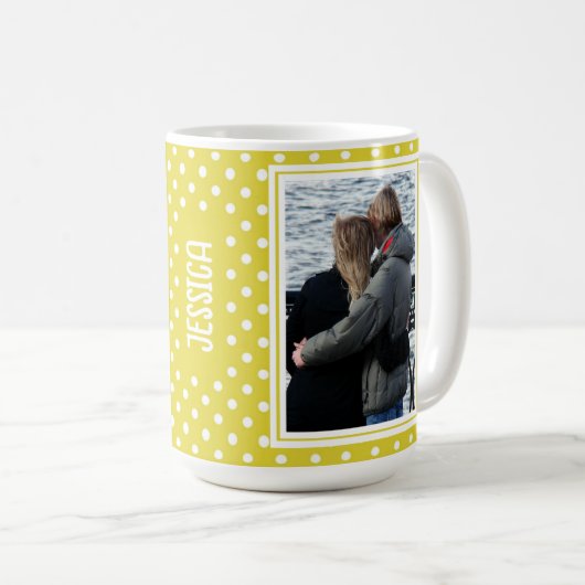 明るい黄色の水玉模様カスタム2写真と名前 コーヒーマグカップ (正面右)