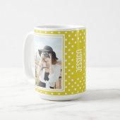 明るい黄色の水玉模様カスタム2写真と名前 コーヒーマグカップ (正面左)