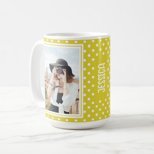 明るい黄色の水玉模様カスタム2写真と名前 コーヒーマグカップ (正面左)