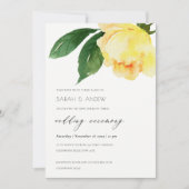 明るい黄色の水色のフローラ結婚 招待状 (正面)