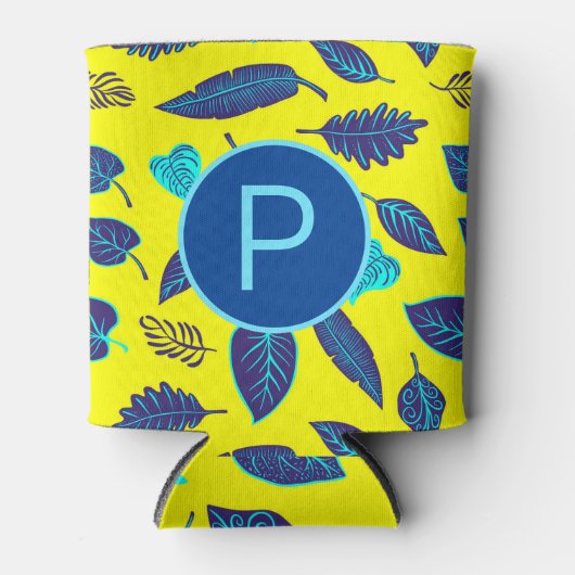 明るい黄色の熱帯性葉柄モノグラム 缶クーラー (正面)