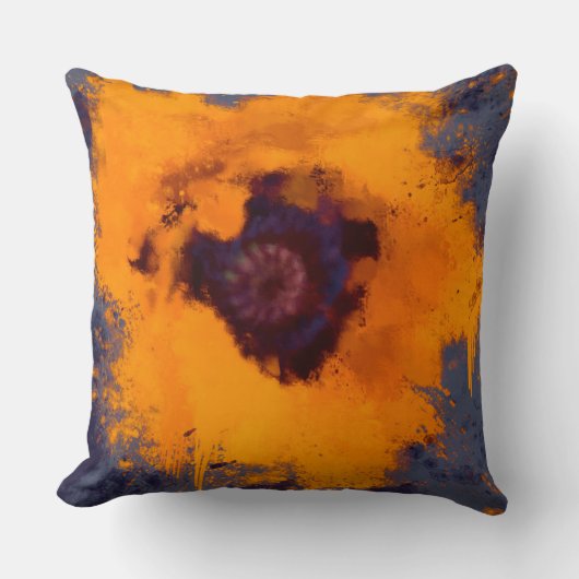 明るい黄色の絵を描花の青い灰色の背景 クッション (正面)