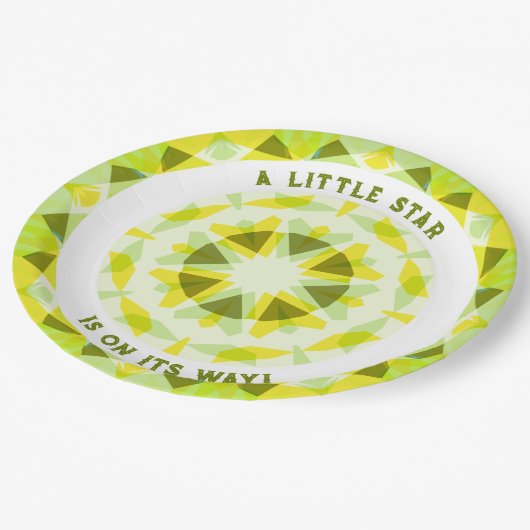 明るい黄色の緑の星のジェンダーが赤ちゃんのシャワーを明らかにする ペーパープレート (アングル)