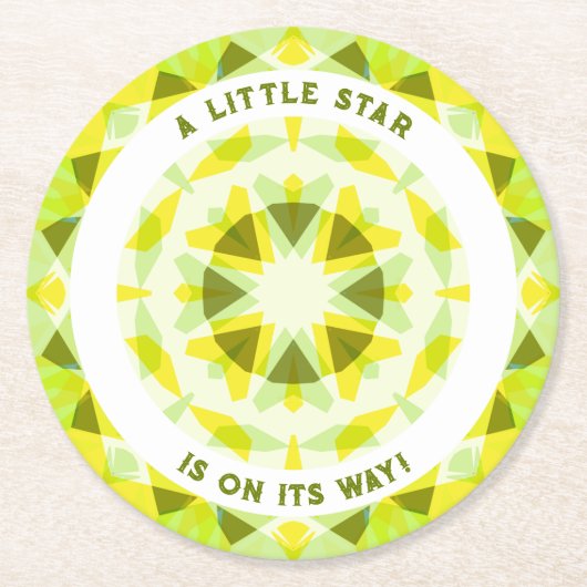 明るい黄色の緑の星のジェンダーが赤ちゃんのシャワーを明らかにする ラウンドペーパーコースター (正面)