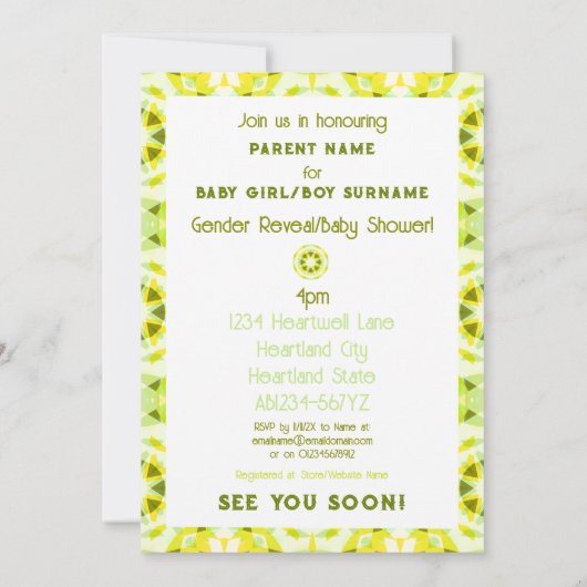 明るい黄色の緑の星のジェンダーが赤ちゃんのシャワーを明らかにする 招待状 (裏面)