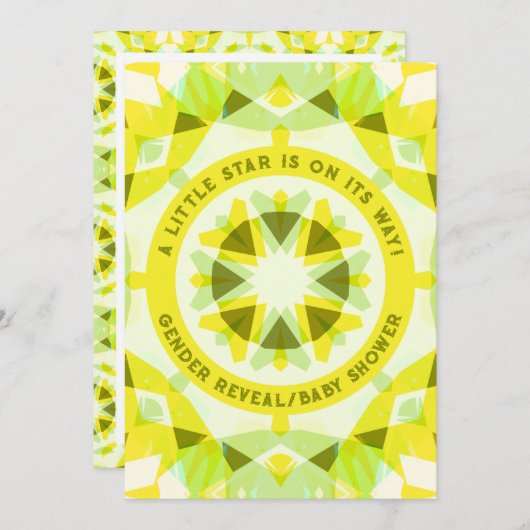 明るい黄色の緑の星のジェンダーが赤ちゃんのシャワーを明らかにする 招待状 (正面/裏面)