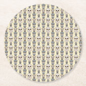 明るい黄色の背景に愛らしいフクロパターン ラウンドペーパーコースター (正面)