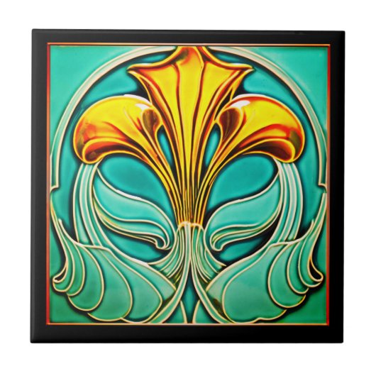 明るい黄色の花アールデコセラミックタイル タイル (正面)