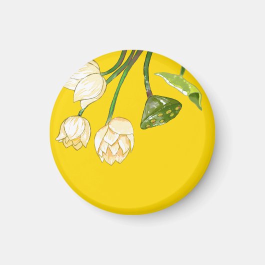 明るい黄色の蓮の花と蓮の種莢の磁石 マグネット (正面)
