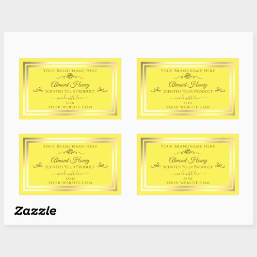 明るい黄色の製品ラベル金ゴールドきらめくフレーム 長方形シール (シート)