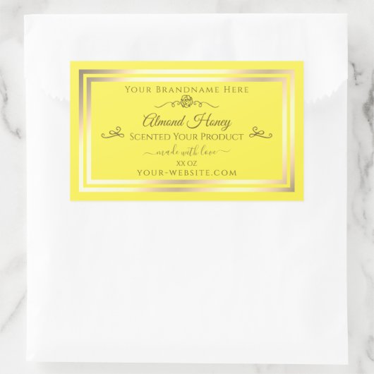 明るい黄色の製品ラベル金ゴールドきらめくフレーム 長方形シール (バッグ)