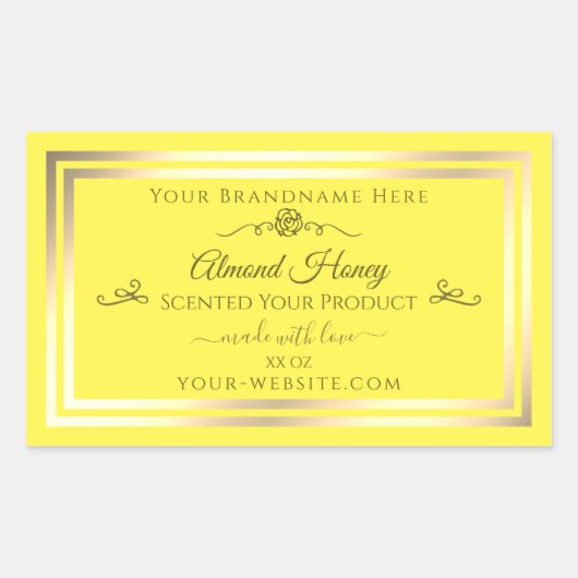 明るい黄色の製品ラベル金ゴールドきらめくフレーム 長方形シール (正面)