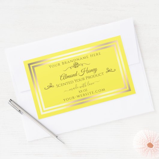 明るい黄色の製品ラベル金ゴールドきらめくフレーム 長方形シール (封筒)
