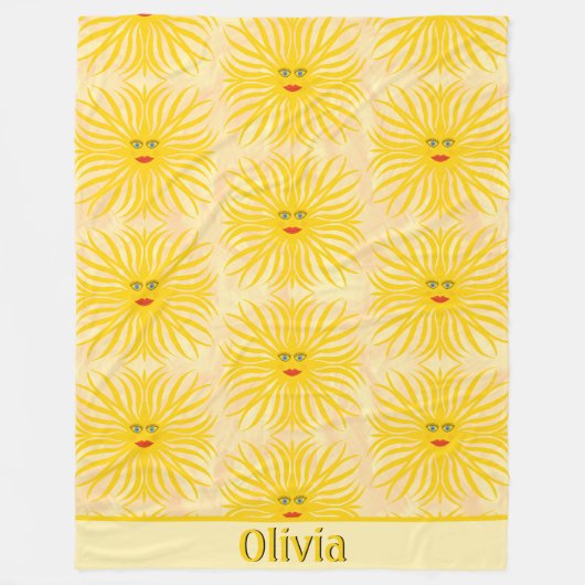明るい黄色の赤い太陽顔キッズパターン フリースブランケット (正面)