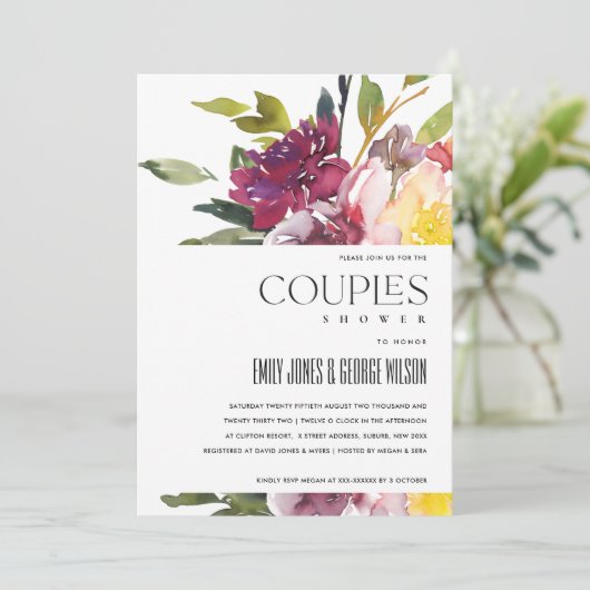 明るい黄色の赤面バーガンディフローラカップルのシャワー 招待状 (スタンド正面)