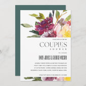 明るい黄色の赤面バーガンディフローラカップルのシャワー 招待状 (正面/裏面)