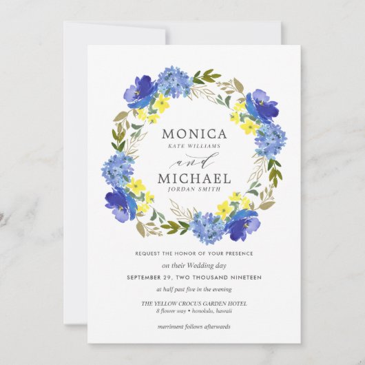 明るい黄色の青い花リース結婚ズ 招待状 (正面)