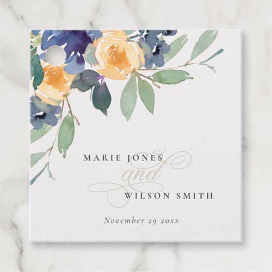 明るい黄色の青フローラ水色結婚の フェイバータグ (正面)