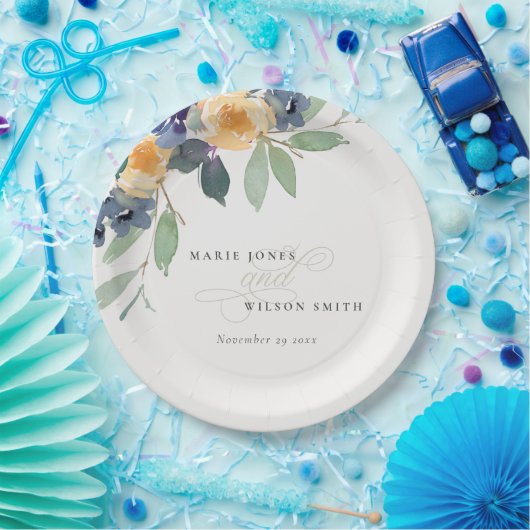 明るい黄色の青フローラ水色結婚の ペーパープレート (パーティー)