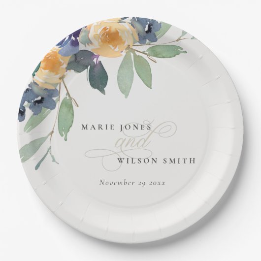 明るい黄色の青フローラ水色結婚の ペーパープレート (正面)