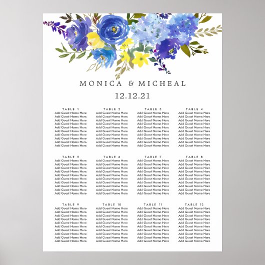 明るい黄色の青結婚い花の座席表 ポスター (正面)