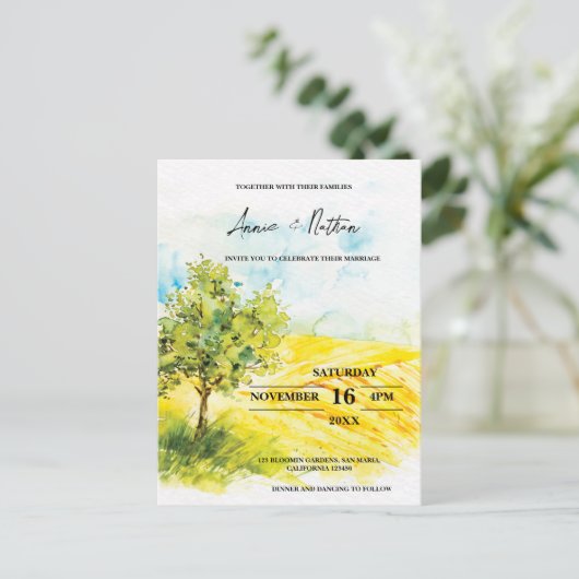 明るい黄色の風景農地の結婚式の招待 ポストカード (スタンド正面)