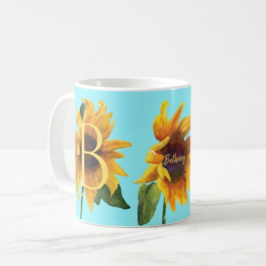 明るい黄色ひまわり植物水色マグ コーヒーマグカップ (正面左)