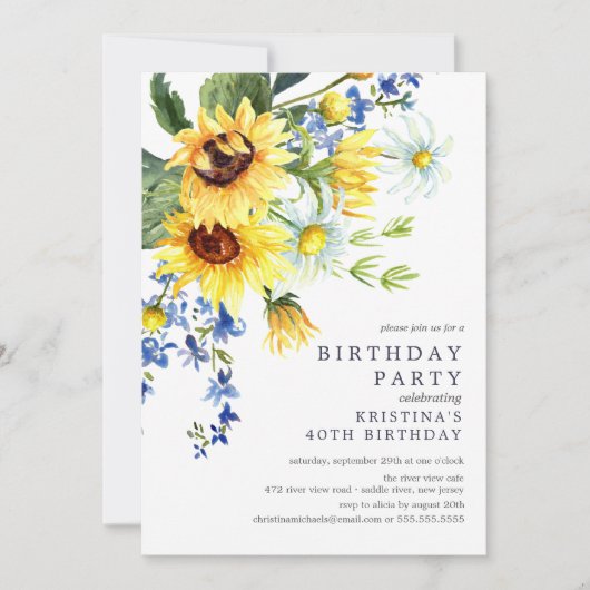 明るい黄色ひまわり誕生日パーティー 招待状 (正面)