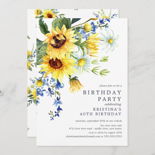 明るい黄色ひまわり誕生日パーティー 招待状 (正面/裏面)