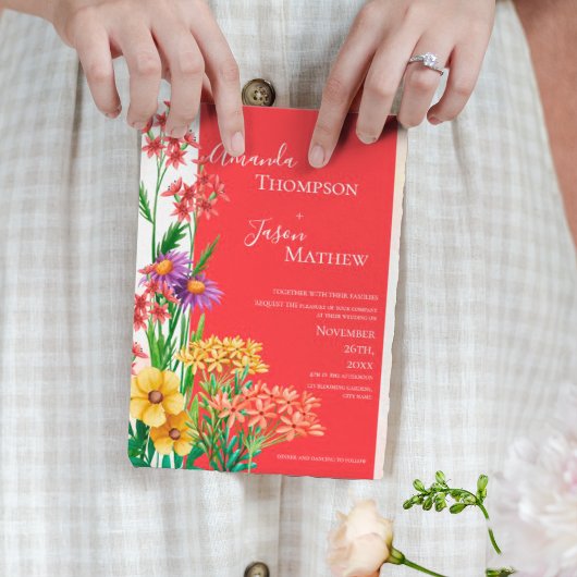 明るい黄色オレンジパープルワイルドフラワー結婚ズ マグネット招待状