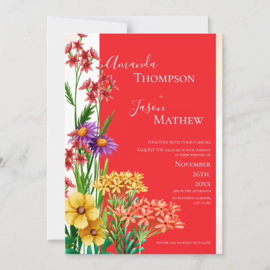 明るい黄色オレンジパープルワイルドフラワー結婚ズ マグネット招待状 (正面)