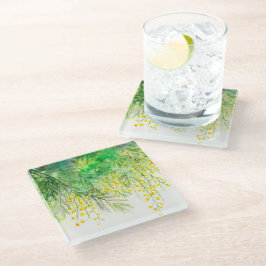 明るい黄色ミモサ水彩花絵を描の花 ガラスコースター