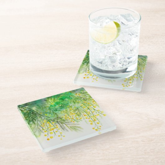 明るい黄色ミモサ水彩花絵を描の花 ガラスコースター (アングル)