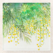 明るい黄色ミモサ水彩花絵を描の花 ガラスコースター (正面)