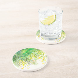 明るい黄色ミモサ水彩花絵を描の花 コースター