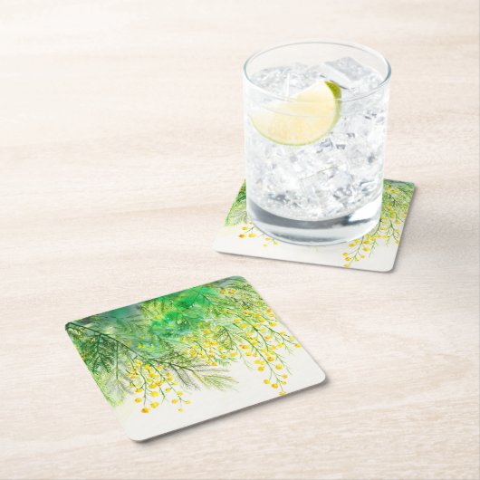 明るい黄色ミモサ水彩花絵を描の花 スクエアペーパーコースター (インサイチュ)