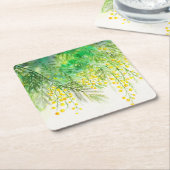 明るい黄色ミモサ水彩花絵を描の花 スクエアペーパーコースター (アングル)